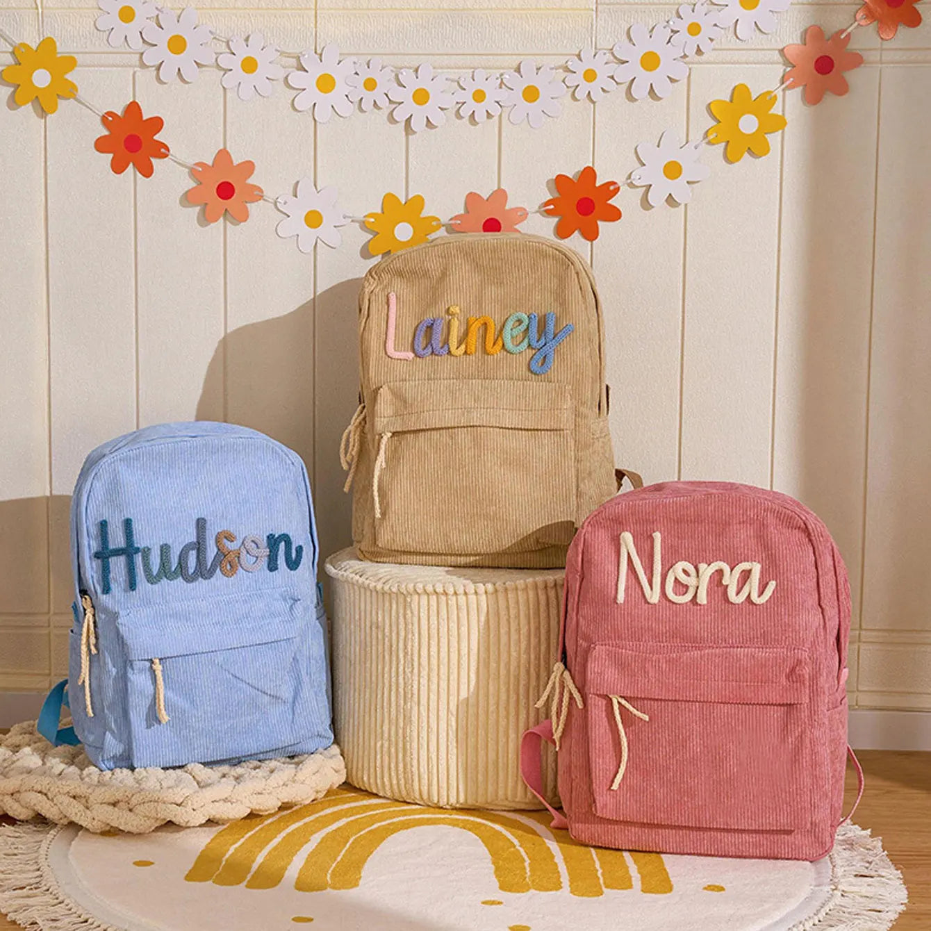 1pc personalized corduroy backpack for men and women, custom hand-embroidered letters, colorful fabric backpack