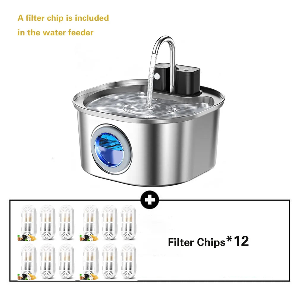 3.2L/108oz Wireless Charging Sensor Cat Water Feeder Stainless Steel Cat Dog Water Fountain Silent Water Level Window No Plug