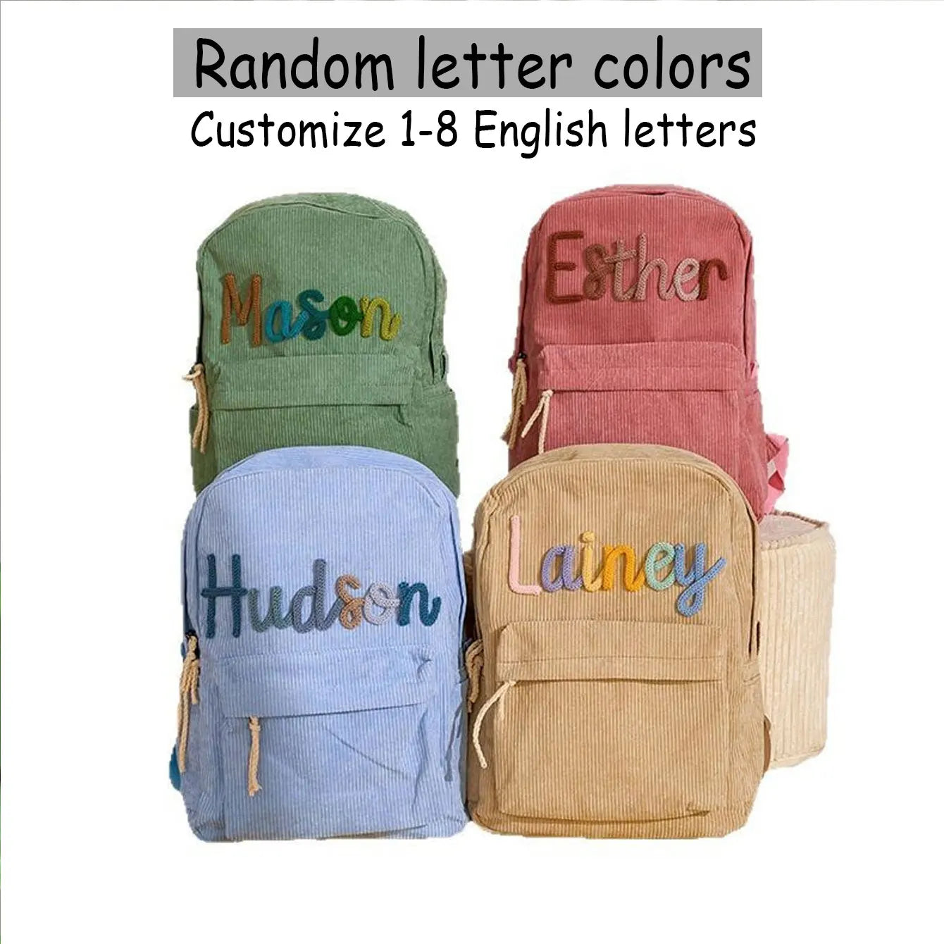 1pc personalized corduroy backpack for men and women, custom hand-embroidered letters, colorful fabric backpack