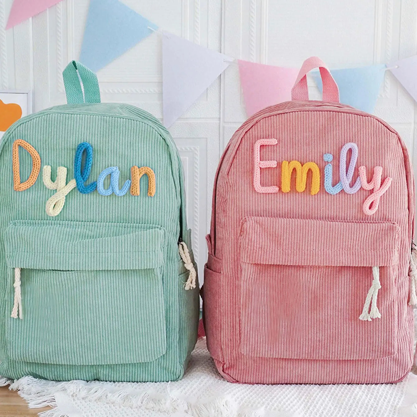 1pc personalized corduroy backpack for men and women, custom hand-embroidered letters, colorful fabric backpack