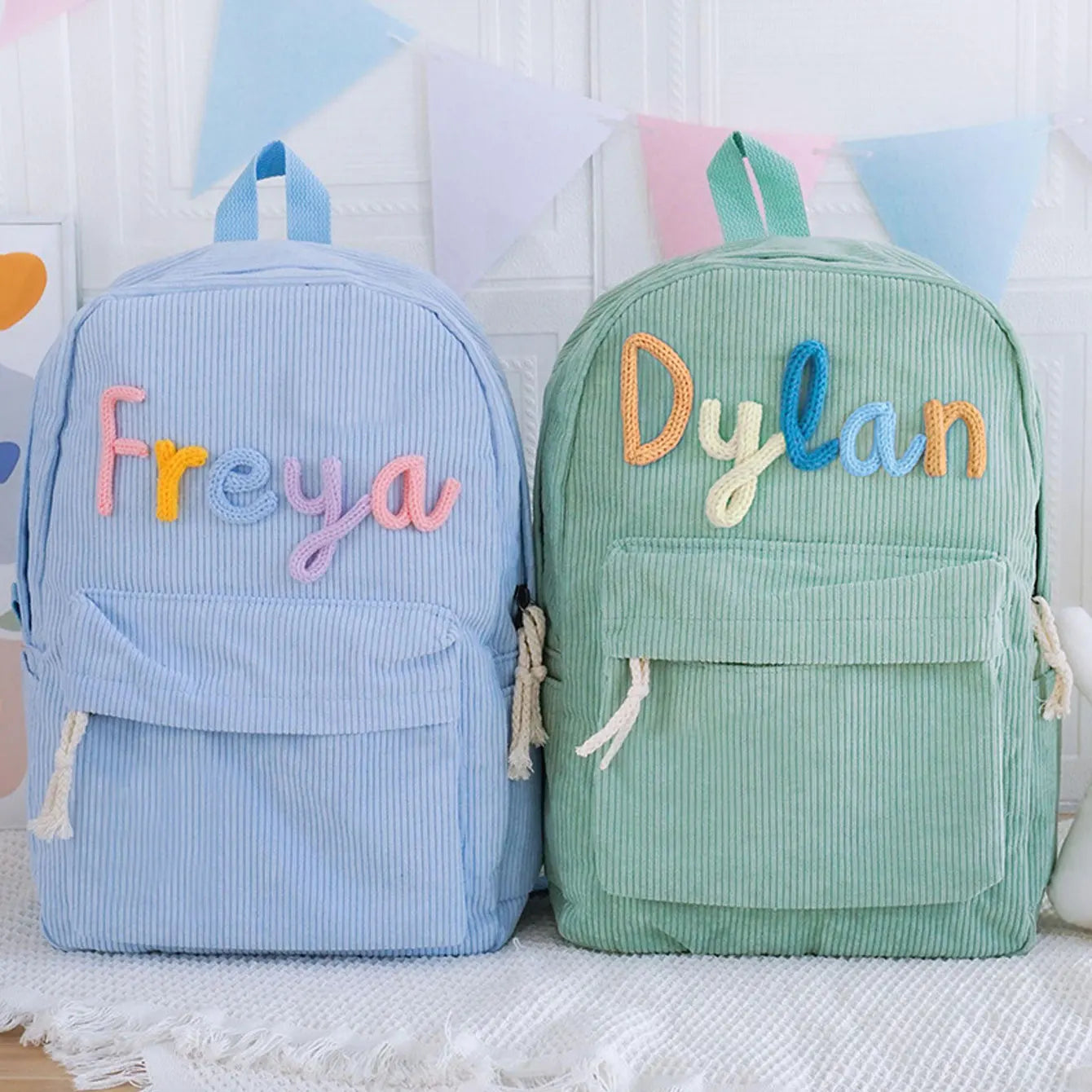 1pc personalized corduroy backpack for men and women, custom hand-embroidered letters, colorful fabric backpack