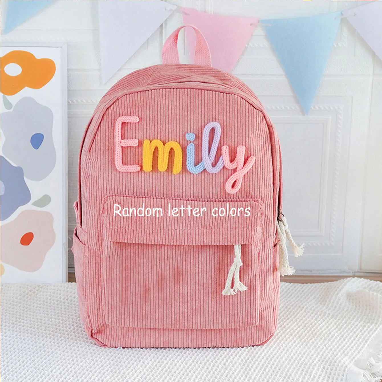1pc personalized corduroy backpack for men and women, custom hand-embroidered letters, colorful fabric backpack